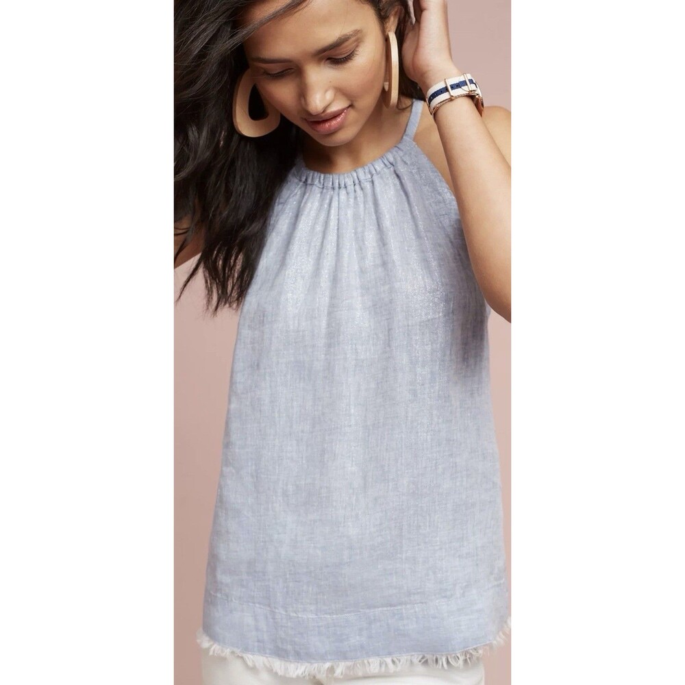 Women’s Maeve Anthropologie Linen Sleeveless Swing Top Blue Metallic Fringe XS